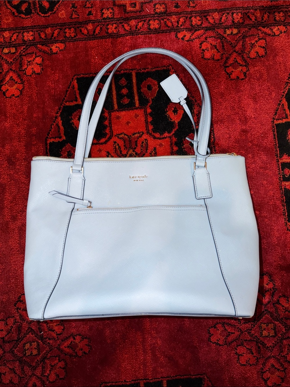 kate spade Pale Blue Leather Tote with Front Zip Pocket